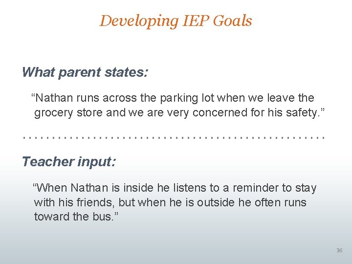 Developing IEP Goals What parent states: “Nathan runs across the parking lot when we