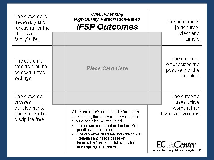 Criteria Defining High Quality, Participation-Based The outcome is necessary and functional for the child’s