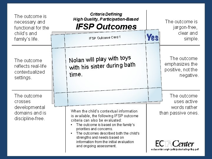 Criteria Defining High Quality, Participation-Based The outcome is necessary and functional for the child’s