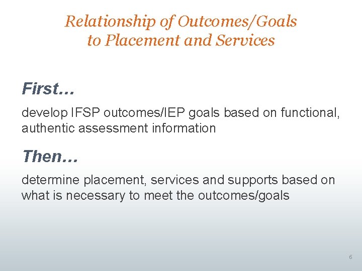 Relationship of Outcomes/Goals to Placement and Services First… develop IFSP outcomes/IEP goals based on