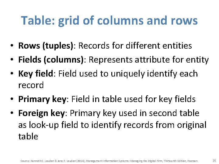 Table: grid of columns and rows • Rows (tuples): Records for different entities •