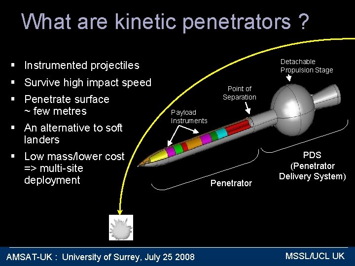 What are kinetic penetrators ? Detachable Propulsion Stage § Instrumented projectiles § Survive high