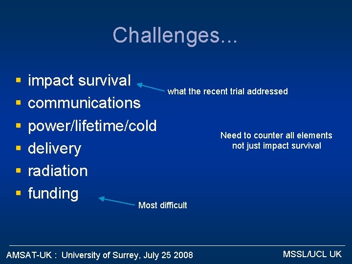 Challenges. . . § § § impact survival communications power/lifetime/cold delivery radiation funding what