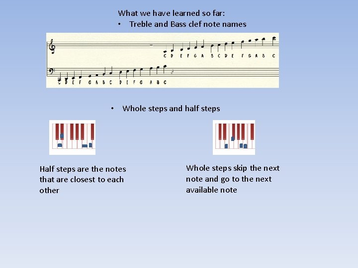 What we have learned so far: • Treble and Bass clef note names •