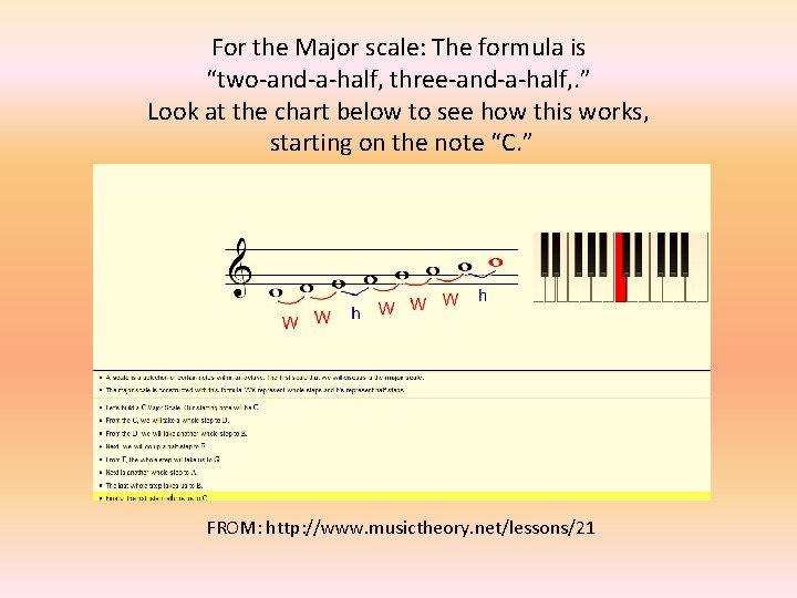 For the Major scale: The formula is “two-and-a-half, three-and-a-half, . ” Look at the