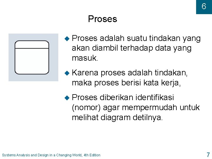 6 Proses u Proses adalah suatu tindakan yang akan diambil terhadap data yang masuk.