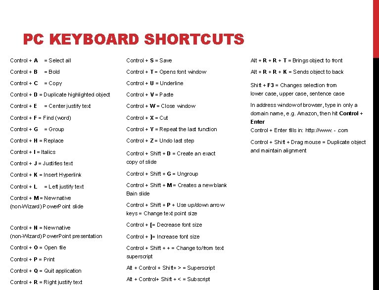 PC KEYBOARD SHORTCUTS Control + A = Select all Control + S = Save