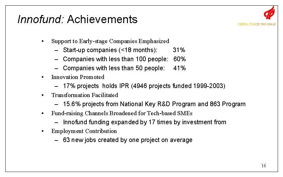 Innofund: Achievements • • • CHINA TORCH PROGRAM Support to Early-stage Companies Emphasized –