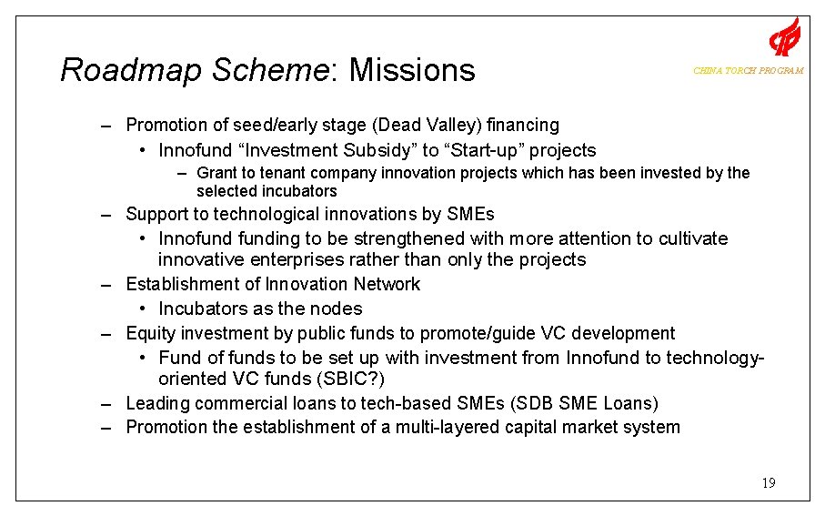 Roadmap Scheme: Missions CHINA TORCH PROGRAM – Promotion of seed/early stage (Dead Valley) financing