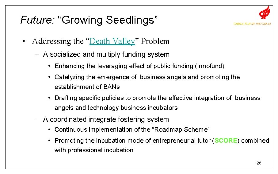 Future: “Growing Seedlings” CHINA TORCH PROGRAM • Addressing the “Death Valley” Problem – A