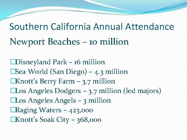 Southern California Annual Attendance Newport Beaches – 10 million �Disneyland Park – 16 million