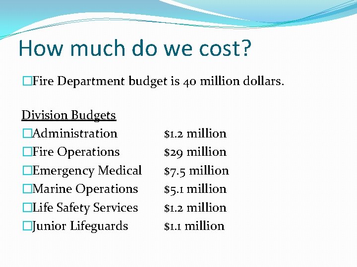 How much do we cost? �Fire Department budget is 40 million dollars. Division Budgets