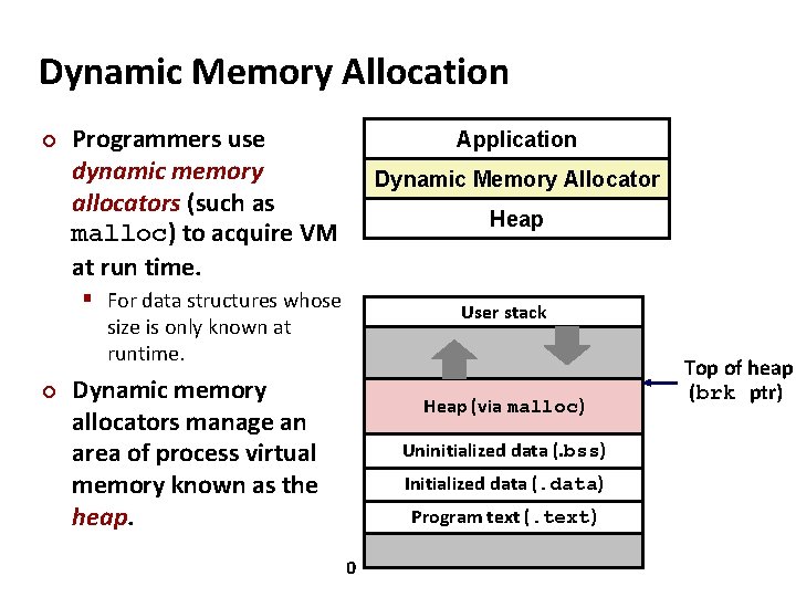 Dynamic Memory Allocation ¢ Programmers use dynamic memory allocators (such as malloc) to acquire
