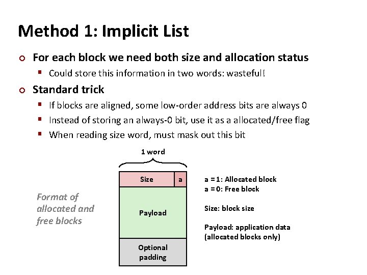 Method 1: Implicit List ¢ For each block we need both size and allocation