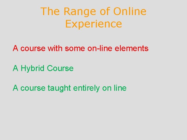 The Range of Online Experience A course with some on-line elements A Hybrid Course