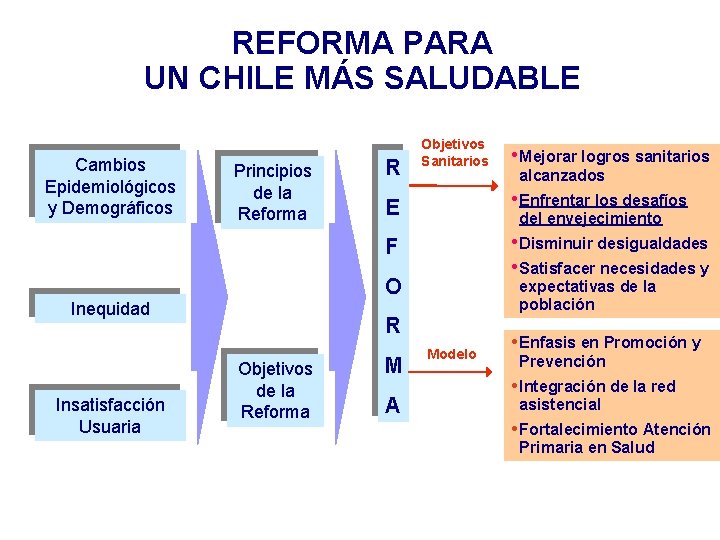 REFORMA PARA UN CHILE MÁS SALUDABLE Cambios Epidemiológicos y Demográficos Principios de la Reforma