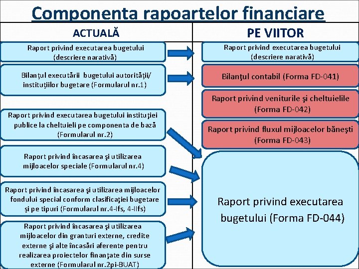 Componența rapoartelor financiare ACTUALĂ PE VIITOR Raport privind executarea bugetului (descriere narativă) Bilanțul executării