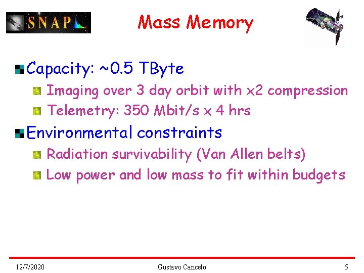 Mass Memory Capacity: ~0. 5 TByte Imaging over 3 day orbit with x 2