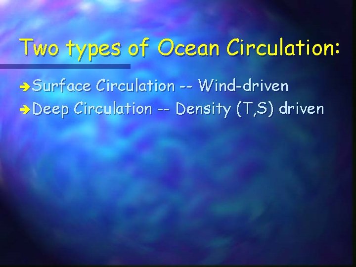 Two types of Ocean Circulation: è Surface Circulation -- Wind-driven è Deep Circulation -- Two types of Ocean Circulation: è Surface Circulation -- Wind-driven è Deep Circulation --
