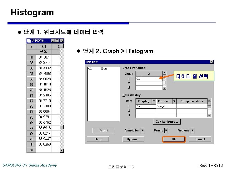 Histogram l 단계 1. 워크시트에 데이터 입력 l 단계 2. Graph > Histogram 데이터