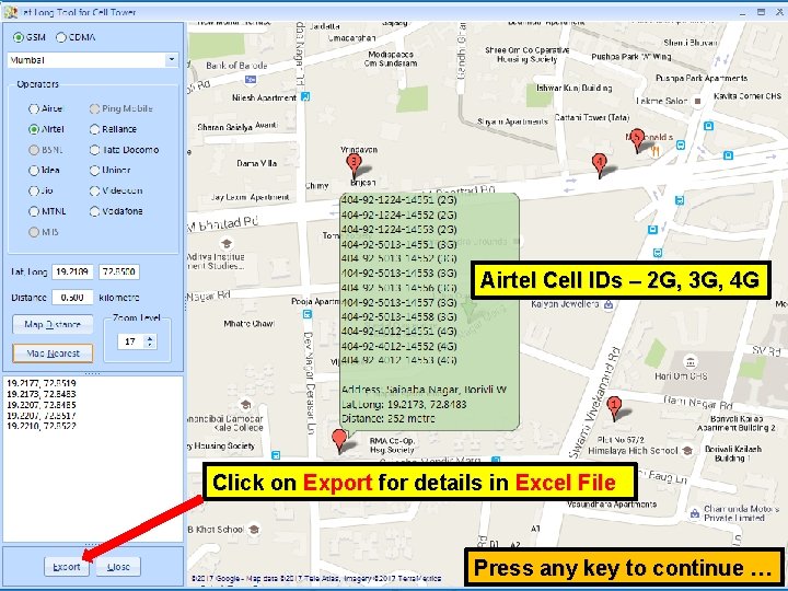 Airtel Cell IDs – 2 G, 3 G, 4 G Click on Export for