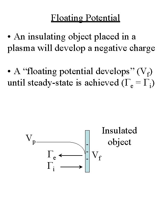 Floating Potential • An insulating object placed in a plasma will develop a negative Floating Potential • An insulating object placed in a plasma will develop a negative