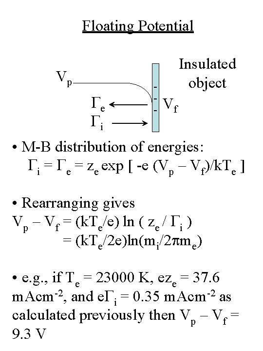 Floating Potential Vp Ge Gi - Insulated object Vf • M-B distribution of energies: Floating Potential Vp Ge Gi - Insulated object Vf • M-B distribution of energies: