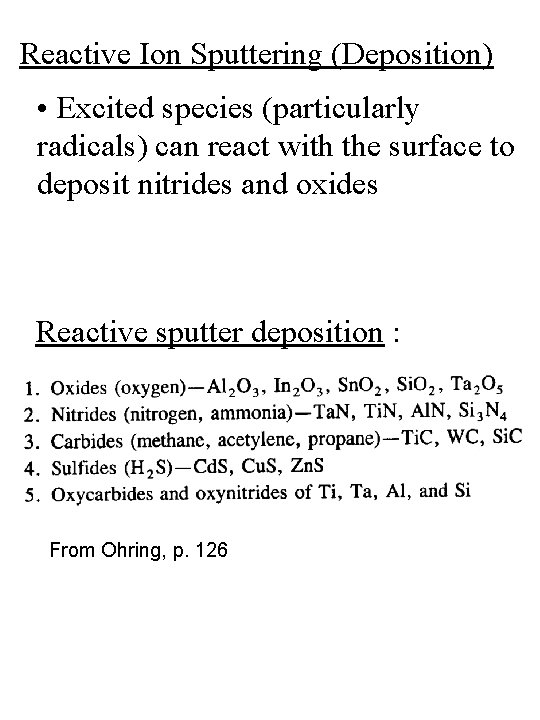 Reactive Ion Sputtering (Deposition) • Excited species (particularly radicals) can react with the surface Reactive Ion Sputtering (Deposition) • Excited species (particularly radicals) can react with the surface