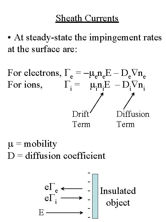 Sheath Currents • At steady-state the impingement rates at the surface are: For electrons, Sheath Currents • At steady-state the impingement rates at the surface are: For electrons,
