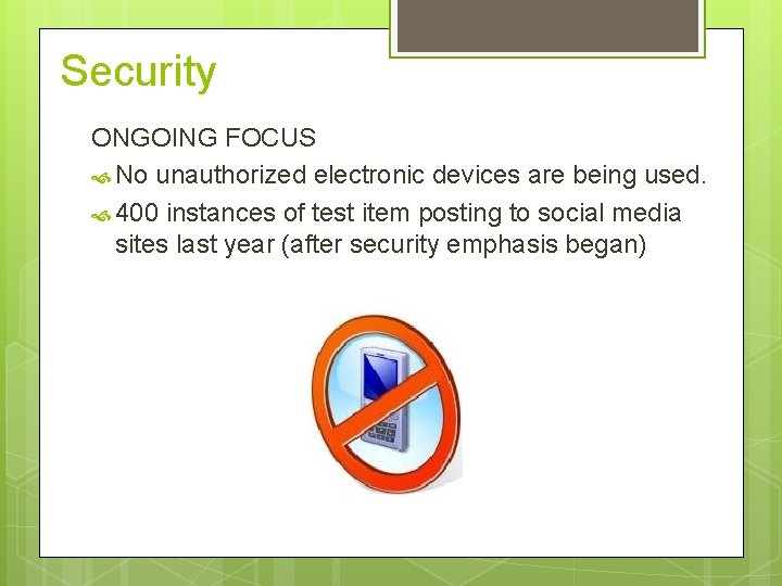 Security ONGOING FOCUS No unauthorized electronic devices are being used. 400 instances of test