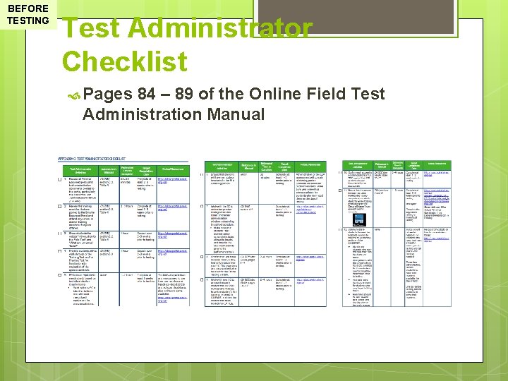 BEFORE TESTING Test Administrator Checklist Pages 84 – 89 of the Online Field Test