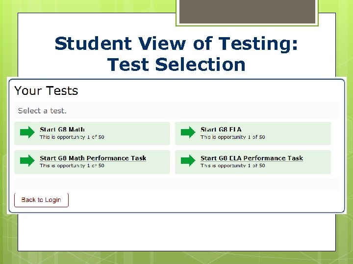 Student View of Testing: Test Selection 