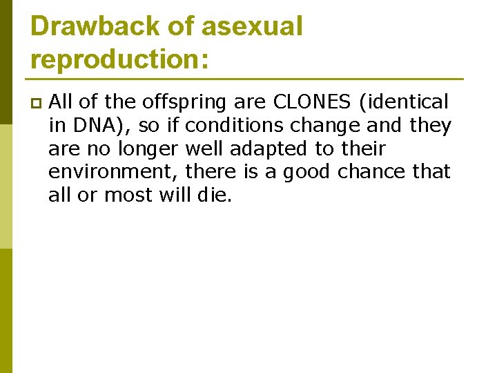 Drawback of asexual reproduction: p All of the offspring are CLONES (identical in DNA),