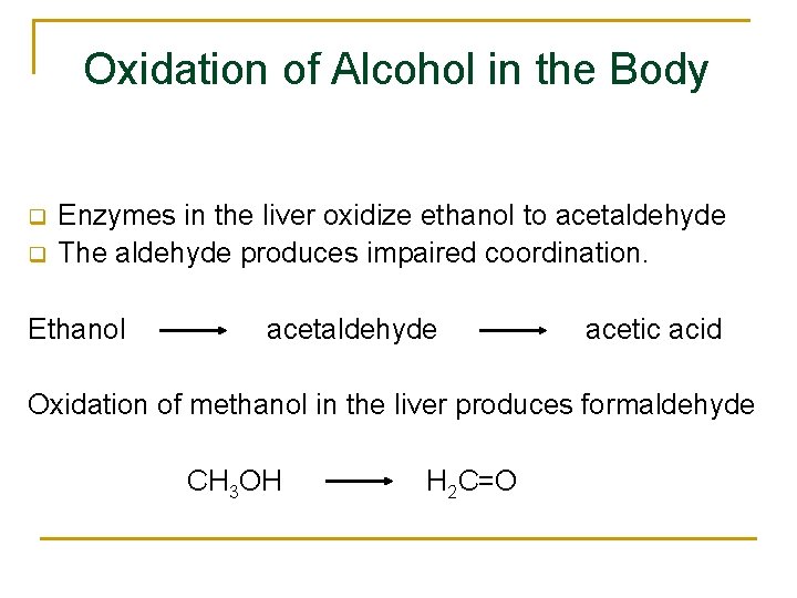 Oxidation of Alcohol in the Body q q Enzymes in the liver oxidize ethanol