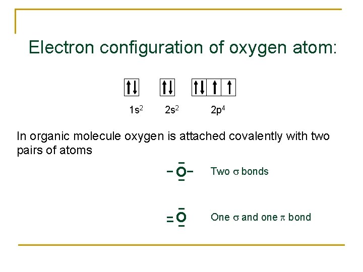 Electron configuration of oxygen atom: 1 s 2 2 p 4 In organic molecule