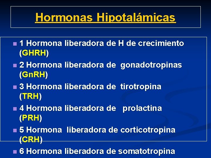 Hormonas Hipotalámicas 1 Hormona liberadora de H de crecimiento (GHRH) n 2 Hormona liberadora