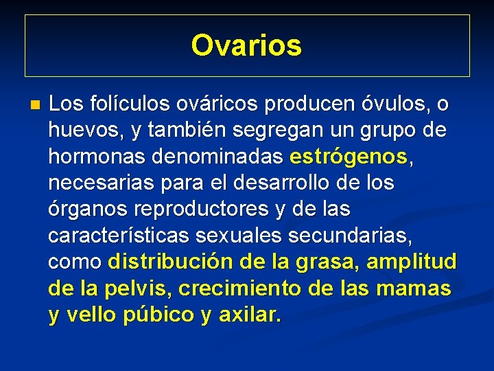 Ovarios n Los folículos ováricos producen óvulos, o huevos, y también segregan un grupo