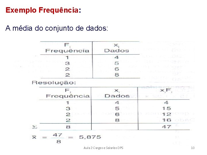 Exemplo Frequência: A média do conjunto de dados: Aula 2 Cargos e Salarios DPS