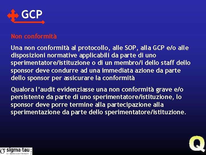 GCP Non conformità Una non conformità al protocollo, alle SOP, alla GCP e/o alle