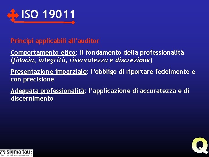 ISO 19011 Principi applicabili all’auditor Comportamento etico: il fondamento della professionalità (fiducia, integrità, riservatezza
