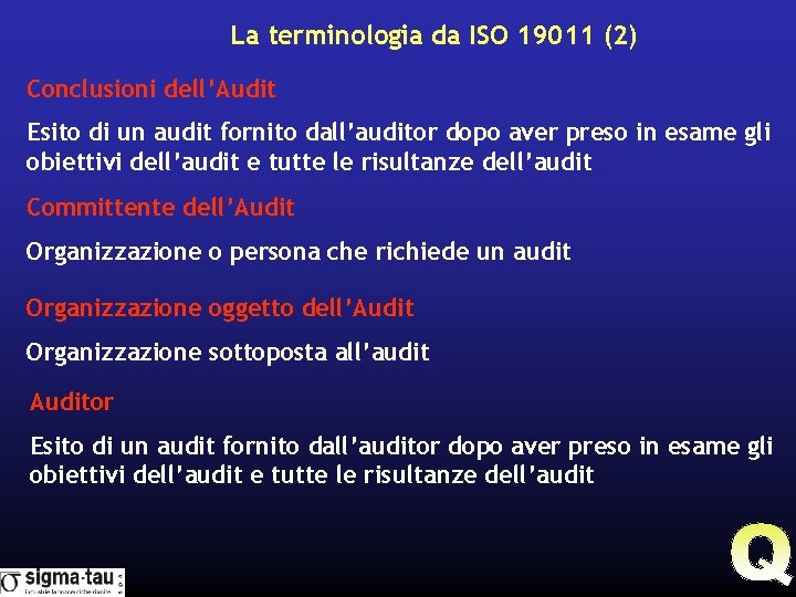 La terminologia da ISO 19011 (2) Conclusioni dell’Audit Esito di un audit fornito dall’auditor