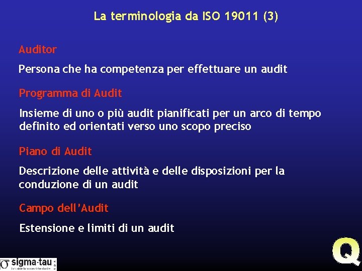 La terminologia da ISO 19011 (3) Auditor Persona che ha competenza per effettuare un