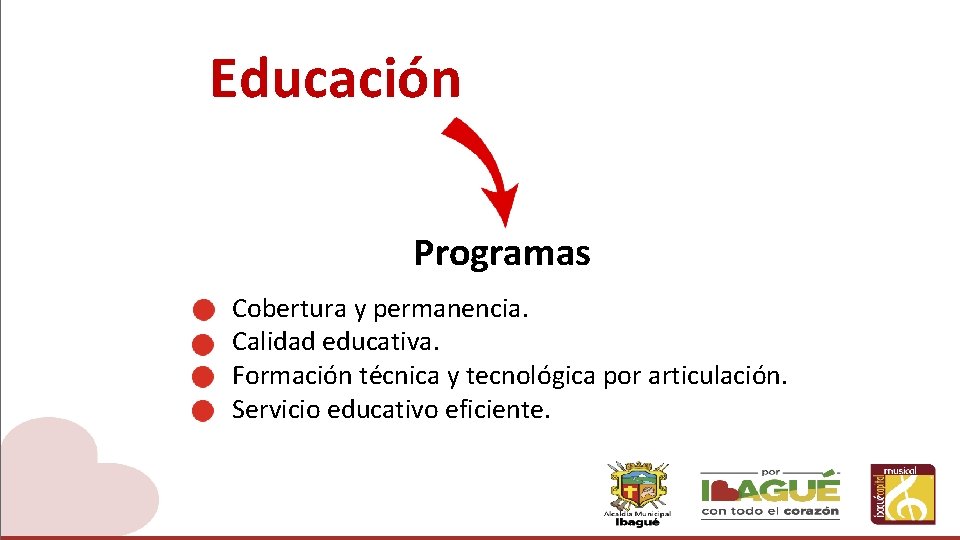 Educación Programas Cobertura y permanencia. Calidad educativa. Formación técnica y tecnológica por articulación. Servicio