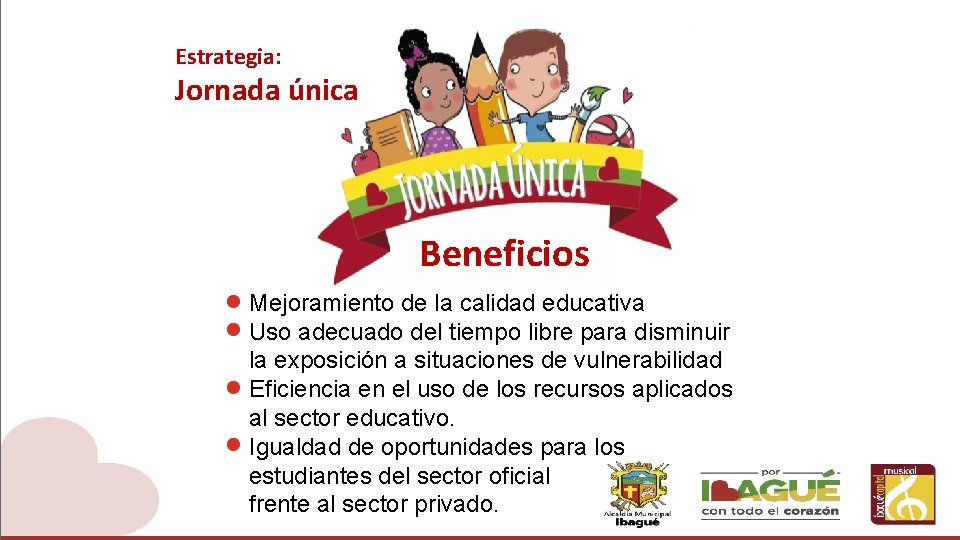 Estrategia: Jornada única Beneficios Mejoramiento de la calidad educativa Uso adecuado del tiempo libre
