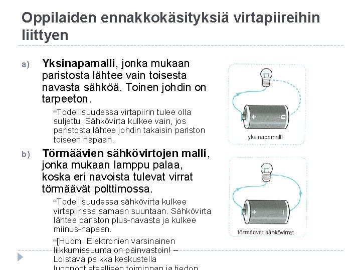 Oppilaiden ennakkokäsityksiä virtapiireihin liittyen a) Yksinapamalli, jonka mukaan paristosta lähtee vain toisesta navasta sähköä.