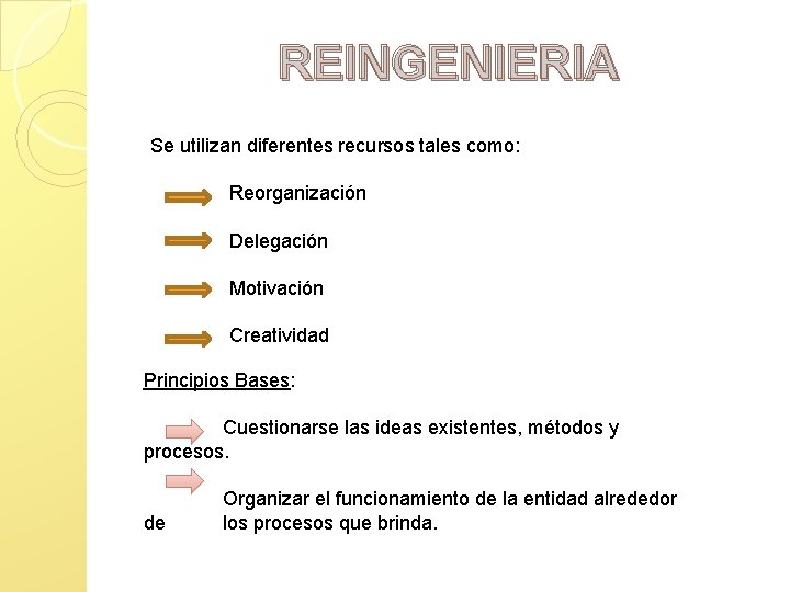 REINGENIERIA Se utilizan diferentes recursos tales como: Reorganización Delegación Motivación Creatividad Principios Bases: Cuestionarse