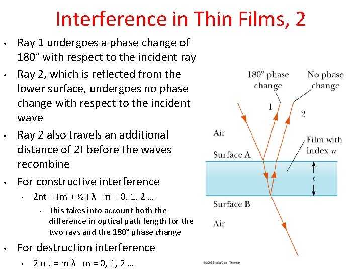Interference in Thin Films, 2 • • Ray 1 undergoes a phase change of