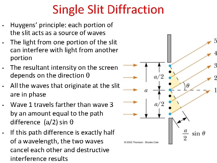 Single Slit Diffraction • • • Huygens’ principle: each portion of the slit acts