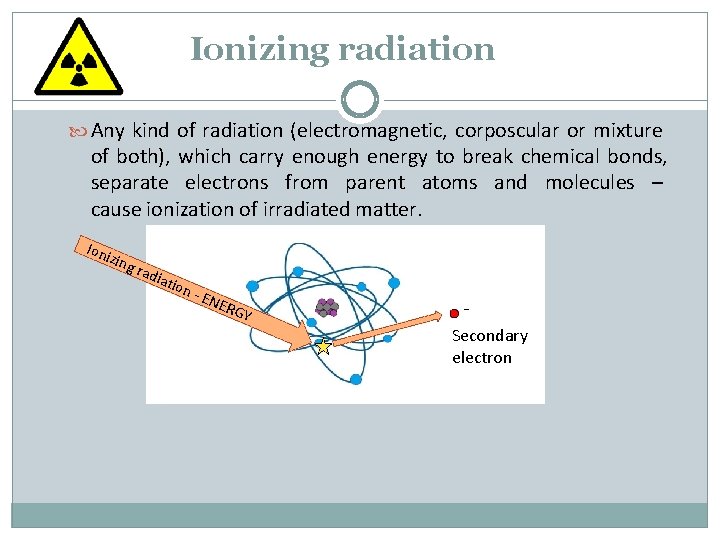 Ionizing radiation Any kind of radiation (electromagnetic, corposcular or mixture of both), which carry