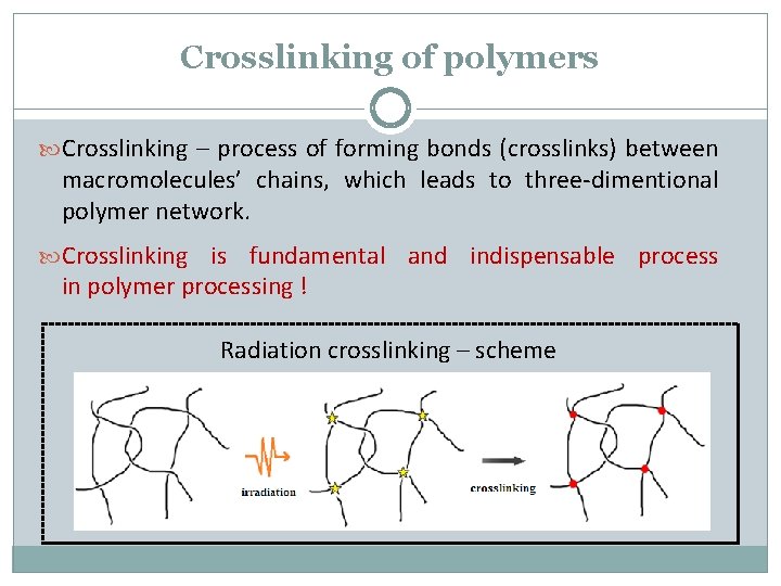 Crosslinking of polymers Crosslinking – process of forming bonds (crosslinks) between macromolecules’ chains, which